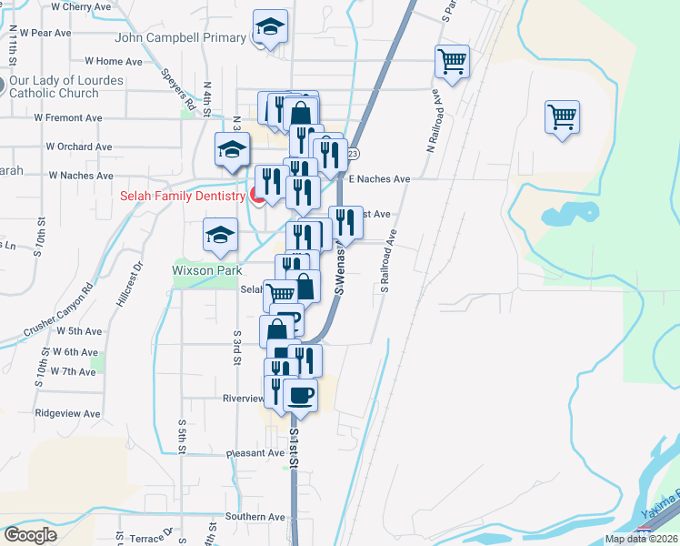 map of restaurants, bars, coffee shops, grocery stores, and more near 209 Jim Clements Way in Selah
