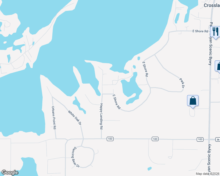 map of restaurants, bars, coffee shops, grocery stores, and more near 34399 East Shore Circle in Crosslake