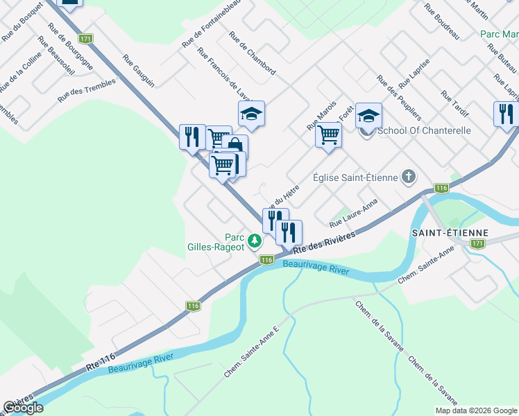 map of restaurants, bars, coffee shops, grocery stores, and more near 3068 Route Lagueux in Saint-Nicolas