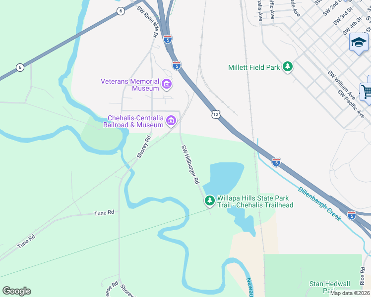 map of restaurants, bars, coffee shops, grocery stores, and more near 600-738 Southwest Hillburger Road in Chehalis