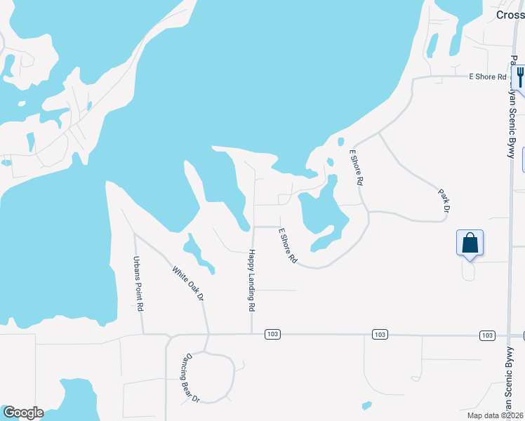 map of restaurants, bars, coffee shops, grocery stores, and more near 34399 East Shore Circle in Crosslake