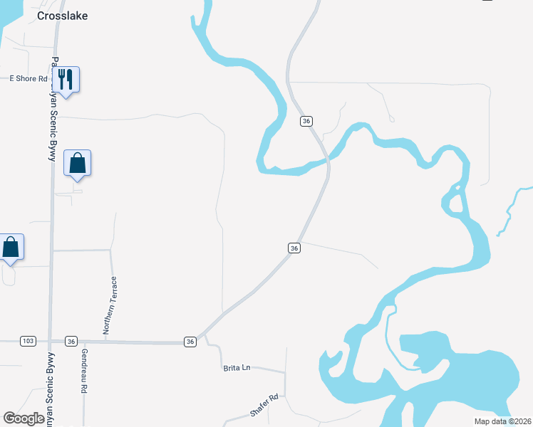map of restaurants, bars, coffee shops, grocery stores, and more near 14304 County Road 36 in Crosslake