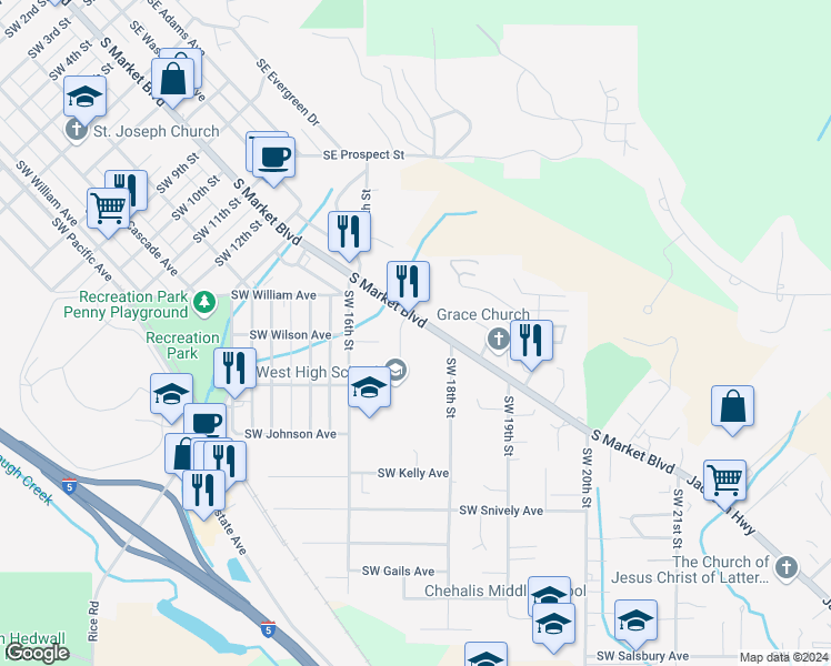 map of restaurants, bars, coffee shops, grocery stores, and more near 1679 South Market Boulevard in Chehalis
