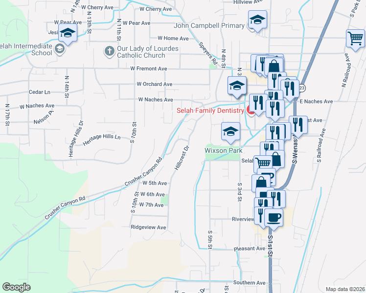 map of restaurants, bars, coffee shops, grocery stores, and more near 211 Anchor Loop in Selah