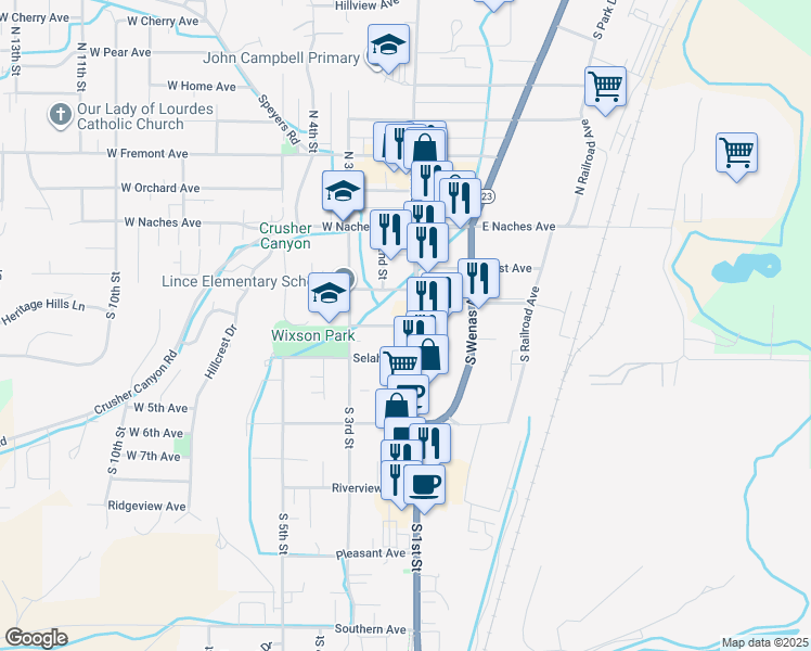 map of restaurants, bars, coffee shops, grocery stores, and more near 312 West Park Avenue in Selah