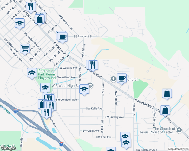 map of restaurants, bars, coffee shops, grocery stores, and more near 1725 South Market Boulevard in Chehalis