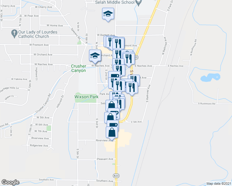 map of restaurants, bars, coffee shops, grocery stores, and more near 210 S 1st St in Selah