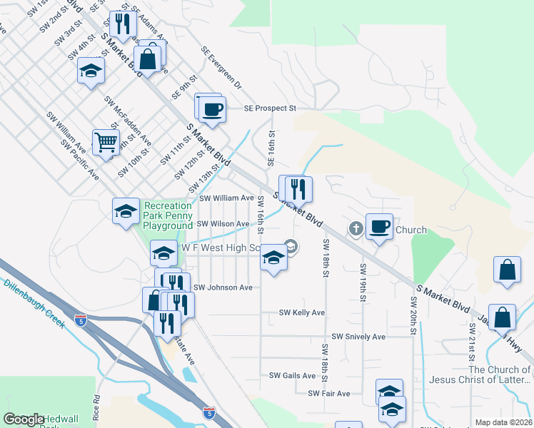 map of restaurants, bars, coffee shops, grocery stores, and more near 242 SW 16th St in Chehalis