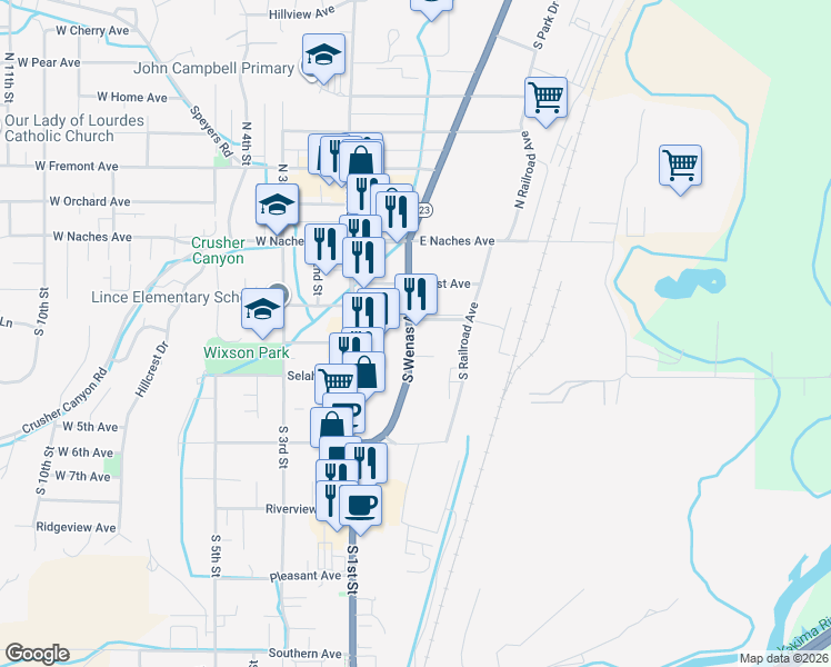 map of restaurants, bars, coffee shops, grocery stores, and more near 204 East 2nd Avenue in Selah