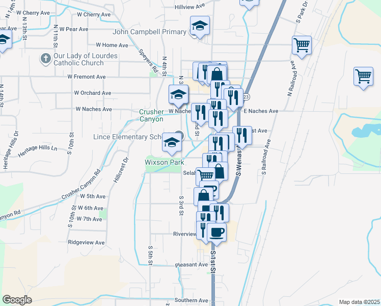 map of restaurants, bars, coffee shops, grocery stores, and more near 205 West Park Avenue in Selah