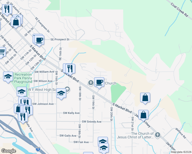 map of restaurants, bars, coffee shops, grocery stores, and more near 1930 Southeast Maple Drive in Chehalis