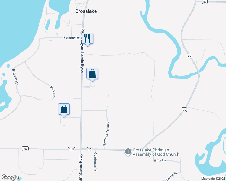 map of restaurants, bars, coffee shops, grocery stores, and more near 34376 Northern Terrace in Crosslake