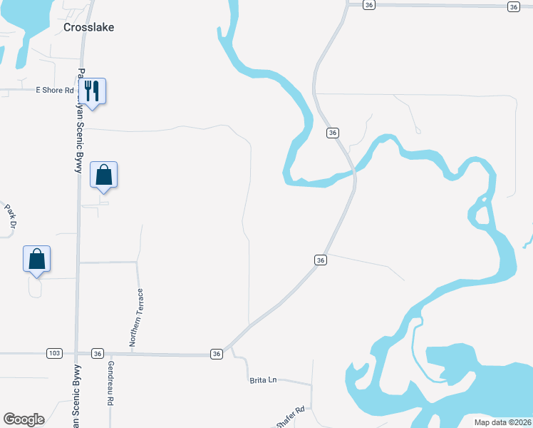 map of restaurants, bars, coffee shops, grocery stores, and more near 14304 County Road 36 in Crosslake