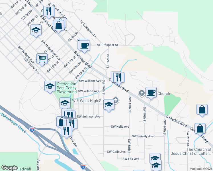map of restaurants, bars, coffee shops, grocery stores, and more near 242 Southwest 16th Street in Chehalis