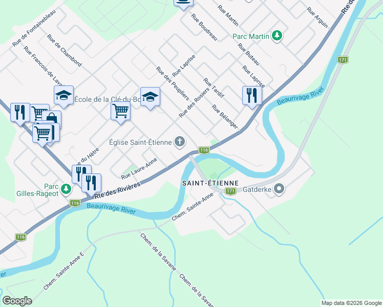 map of restaurants, bars, coffee shops, grocery stores, and more near Route des Rivières in Lévis