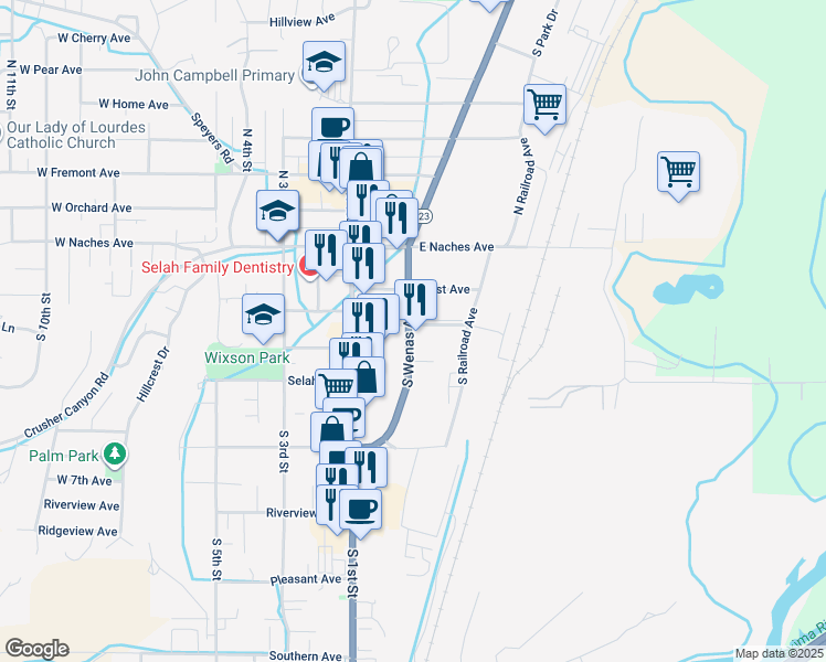 map of restaurants, bars, coffee shops, grocery stores, and more near 204 East 2nd Avenue in Selah