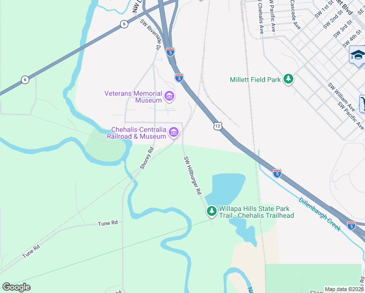 map of restaurants, bars, coffee shops, grocery stores, and more near 600 Southwest Hillburger Road in Chehalis