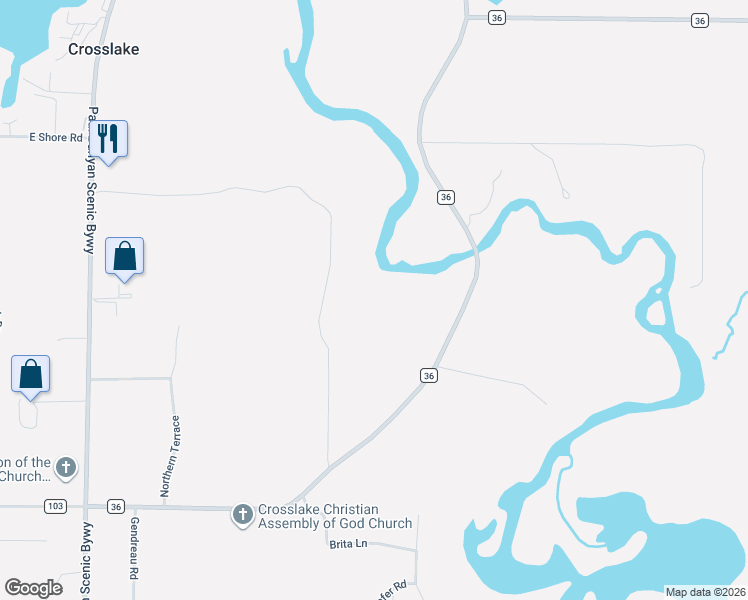 map of restaurants, bars, coffee shops, grocery stores, and more near 14304 County Road 36 in Crosslake