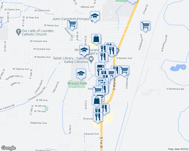 map of restaurants, bars, coffee shops, grocery stores, and more near 210 South 1st Street in Selah
