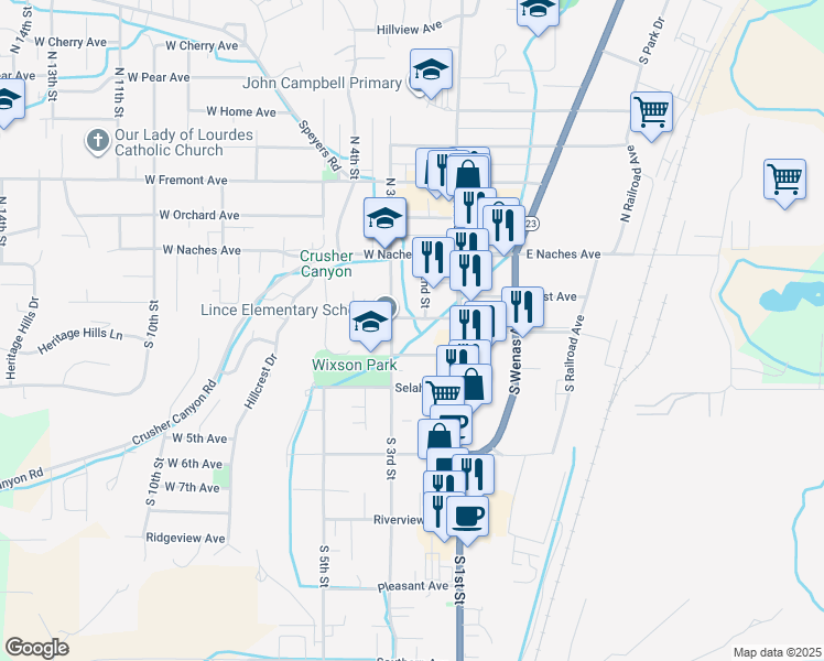 map of restaurants, bars, coffee shops, grocery stores, and more near 205 West Park Avenue in Selah