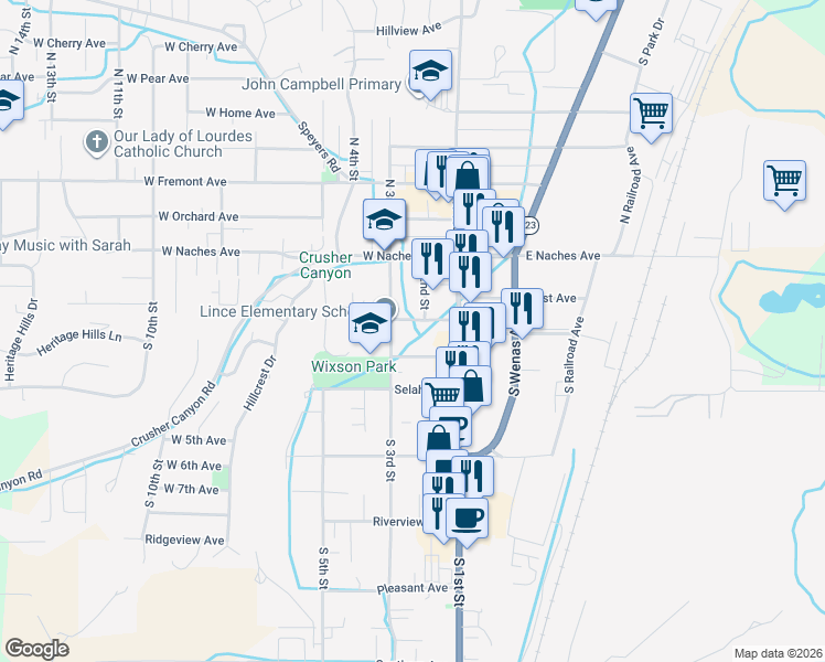 map of restaurants, bars, coffee shops, grocery stores, and more near 205 West Park Avenue in Selah