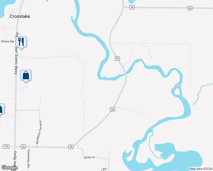 map of restaurants, bars, coffee shops, grocery stores, and more near 14304 County Road 36 in Crosslake