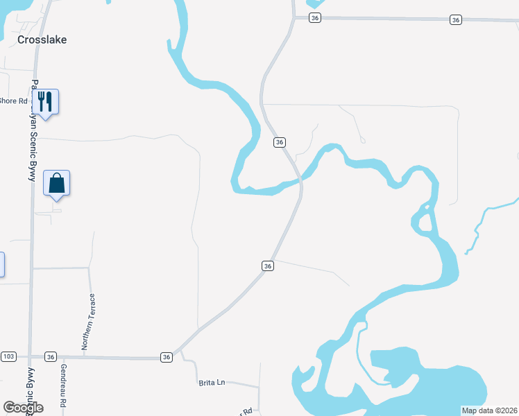 map of restaurants, bars, coffee shops, grocery stores, and more near 14304 County Road 36 in Crosslake