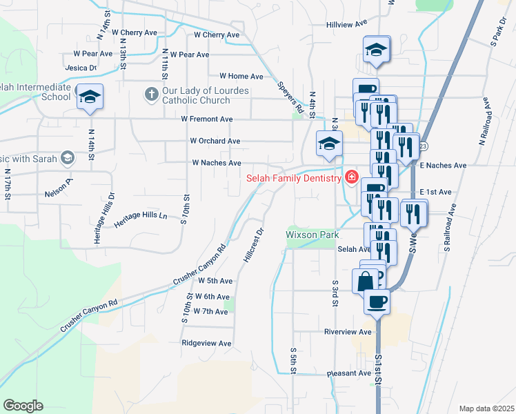 map of restaurants, bars, coffee shops, grocery stores, and more near 606 Anchor Place in Selah