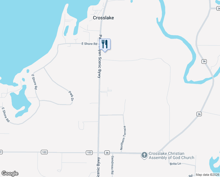 map of restaurants, bars, coffee shops, grocery stores, and more near 34420 County Road 3 in Crosslake