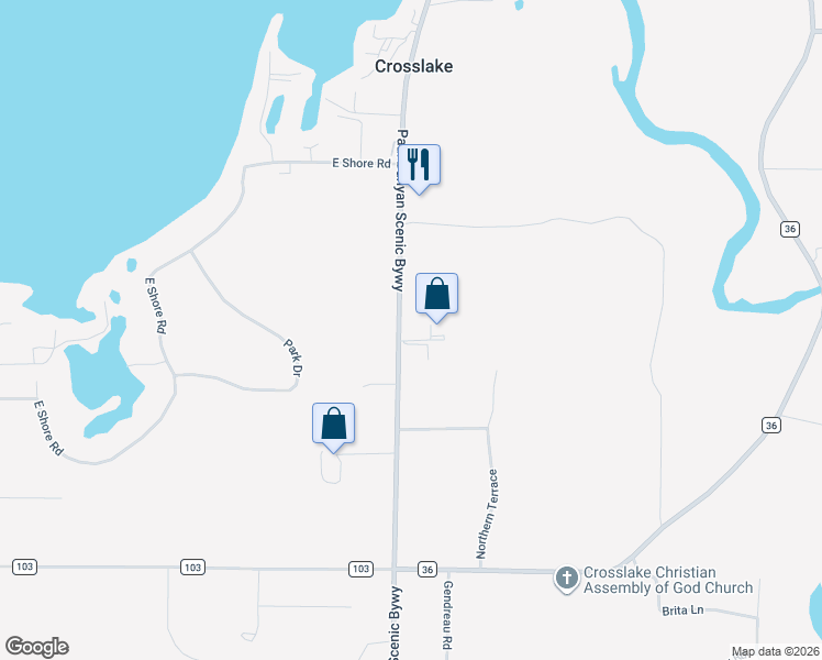 map of restaurants, bars, coffee shops, grocery stores, and more near 34482 County Road 3 in Crosslake