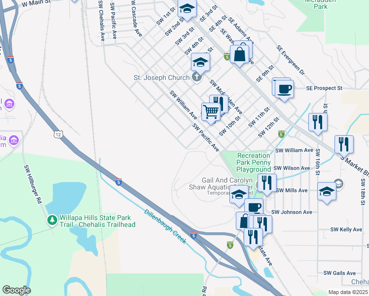 map of restaurants, bars, coffee shops, grocery stores, and more near 1639 Southwest Chehalis Avenue in Chehalis