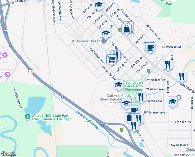 map of restaurants, bars, coffee shops, grocery stores, and more near 1639 Southwest Chehalis Avenue in Chehalis