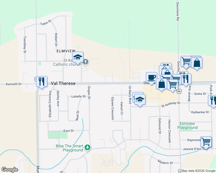 map of restaurants, bars, coffee shops, grocery stores, and more near 4875 Greater Sudbury Regional Road 80 in Val Therese