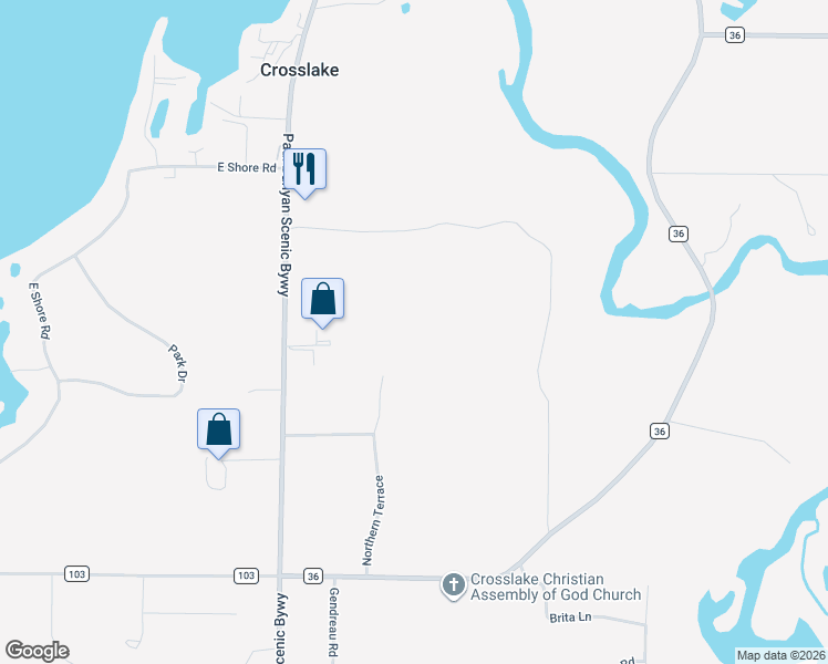 map of restaurants, bars, coffee shops, grocery stores, and more near 34376 Northern Terrace in Crosslake
