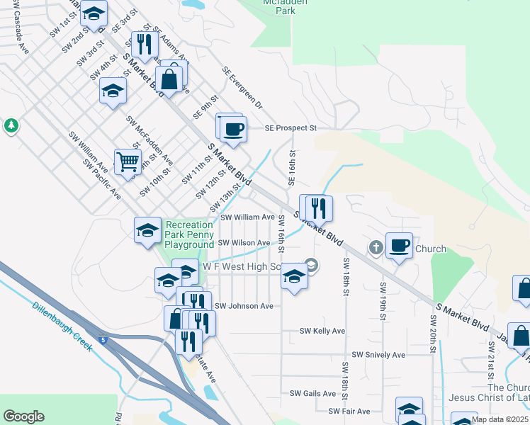 map of restaurants, bars, coffee shops, grocery stores, and more near 1530 Southwest William Avenue in Chehalis