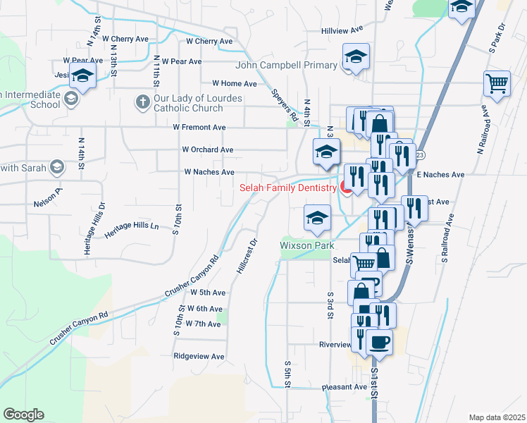 map of restaurants, bars, coffee shops, grocery stores, and more near 100 Hillcrest Drive in Selah