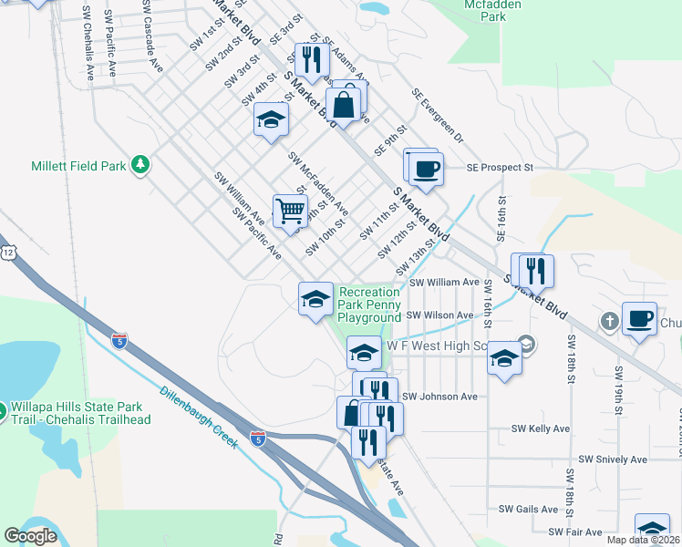 map of restaurants, bars, coffee shops, grocery stores, and more near 1121 Southwest Cascade Avenue in Chehalis