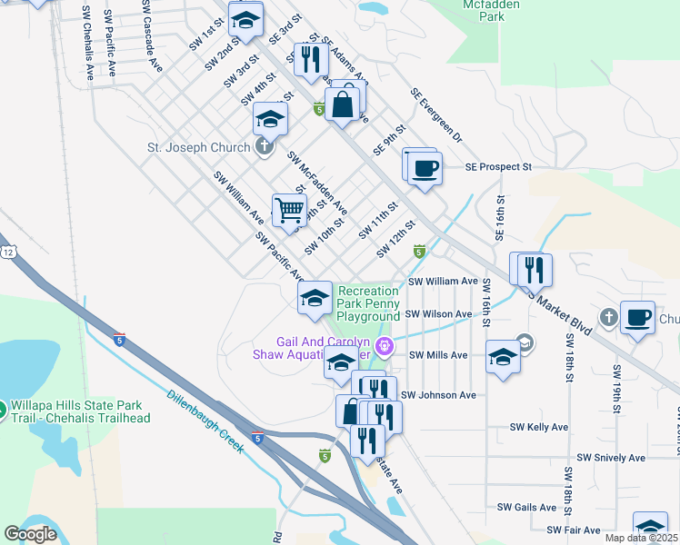 map of restaurants, bars, coffee shops, grocery stores, and more near 1121 Southwest Cascade Avenue in Chehalis