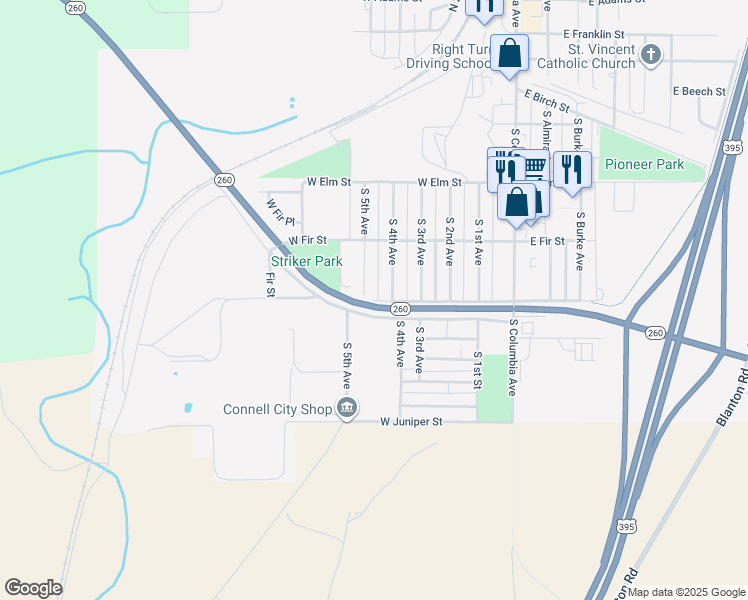 map of restaurants, bars, coffee shops, grocery stores, and more near South 5th Avenue in Connell