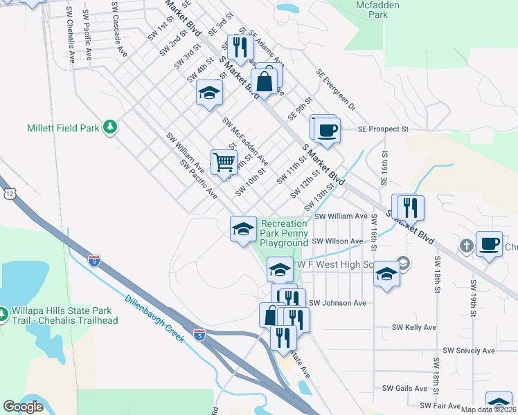 map of restaurants, bars, coffee shops, grocery stores, and more near 1121 Southwest Cascade Avenue in Chehalis