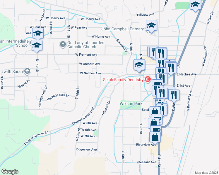 map of restaurants, bars, coffee shops, grocery stores, and more near 100 Hillcrest Drive in Selah