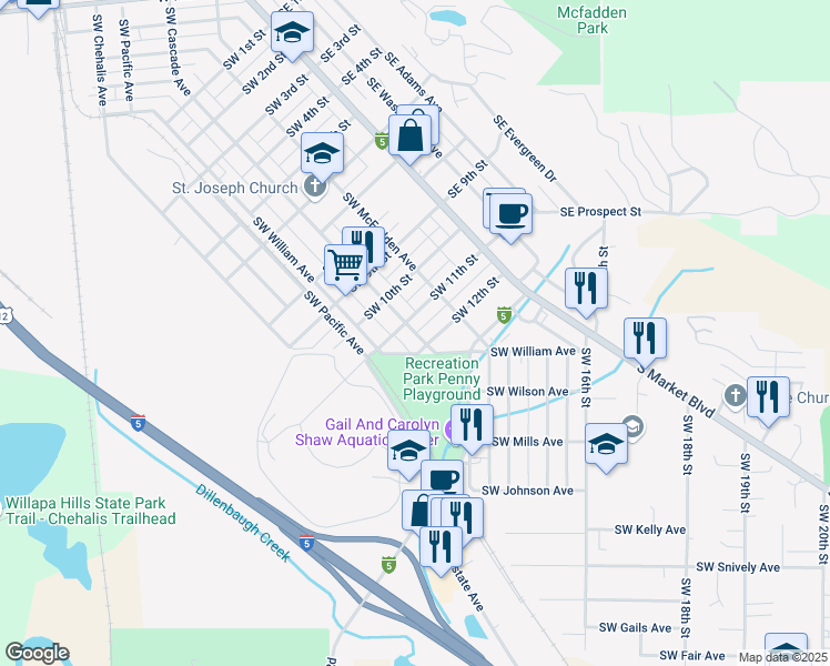 map of restaurants, bars, coffee shops, grocery stores, and more near 1121 Southwest Cascade Avenue in Chehalis