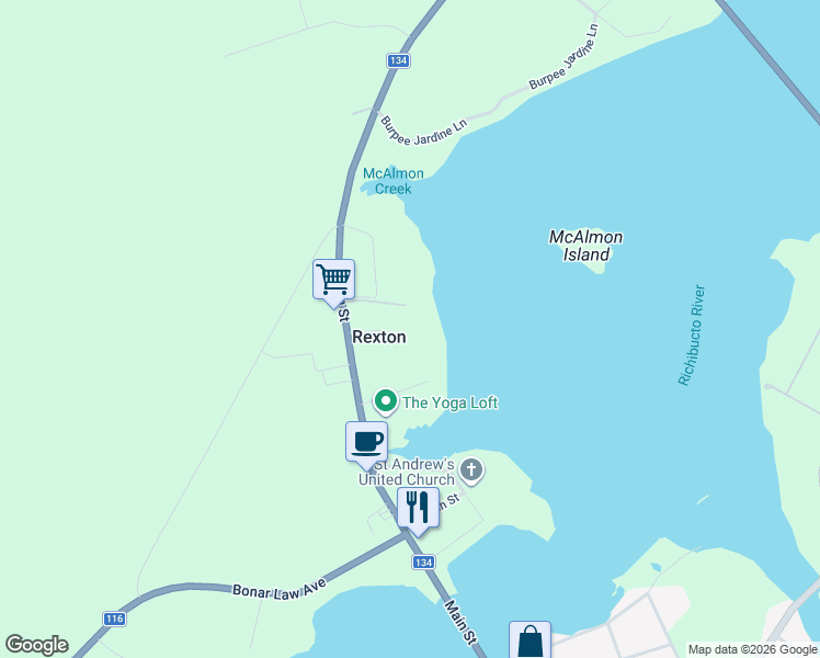 map of restaurants, bars, coffee shops, grocery stores, and more near 8 Hannah Street in Rexton