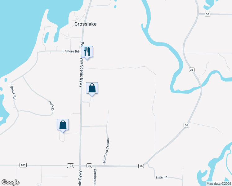 map of restaurants, bars, coffee shops, grocery stores, and more near 34376 Northern Terrace in Crosslake