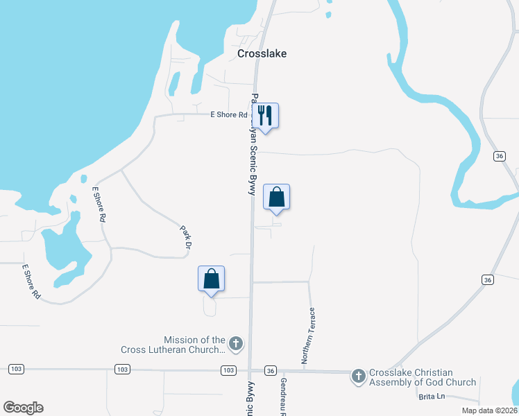 map of restaurants, bars, coffee shops, grocery stores, and more near 34482 County Road 3 in Crosslake
