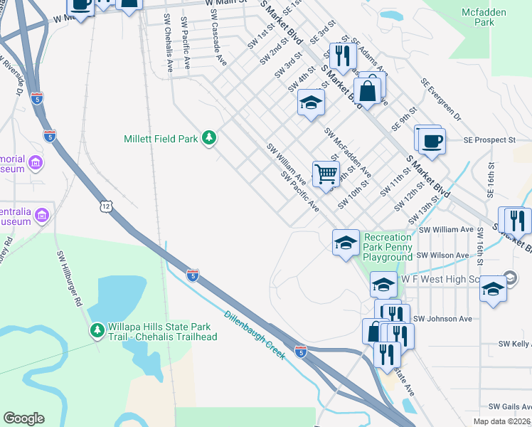 map of restaurants, bars, coffee shops, grocery stores, and more near 741 Southwest Chehalis Avenue in Chehalis