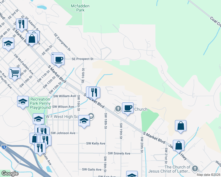 map of restaurants, bars, coffee shops, grocery stores, and more near 1883 Southeast Maple Drive in Chehalis