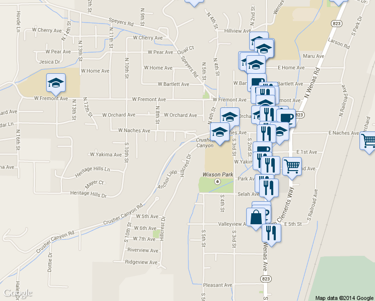 map of restaurants, bars, coffee shops, grocery stores, and more near 100 Hillcrest Drive in Selah