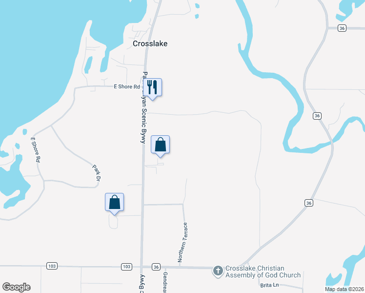 map of restaurants, bars, coffee shops, grocery stores, and more near 34420 County Road 3 in Crosslake