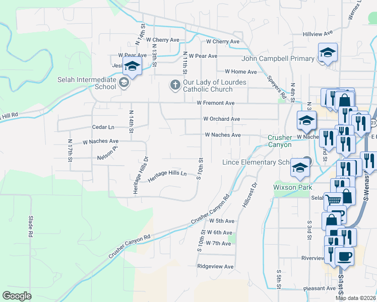map of restaurants, bars, coffee shops, grocery stores, and more near 1003 W Yakima Ave in Selah